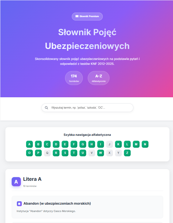Screenshot słownika pojęć TestyNaBrokera